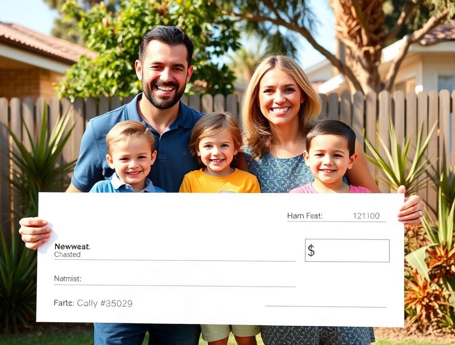 Winner Dean with his family and an oversized cheque