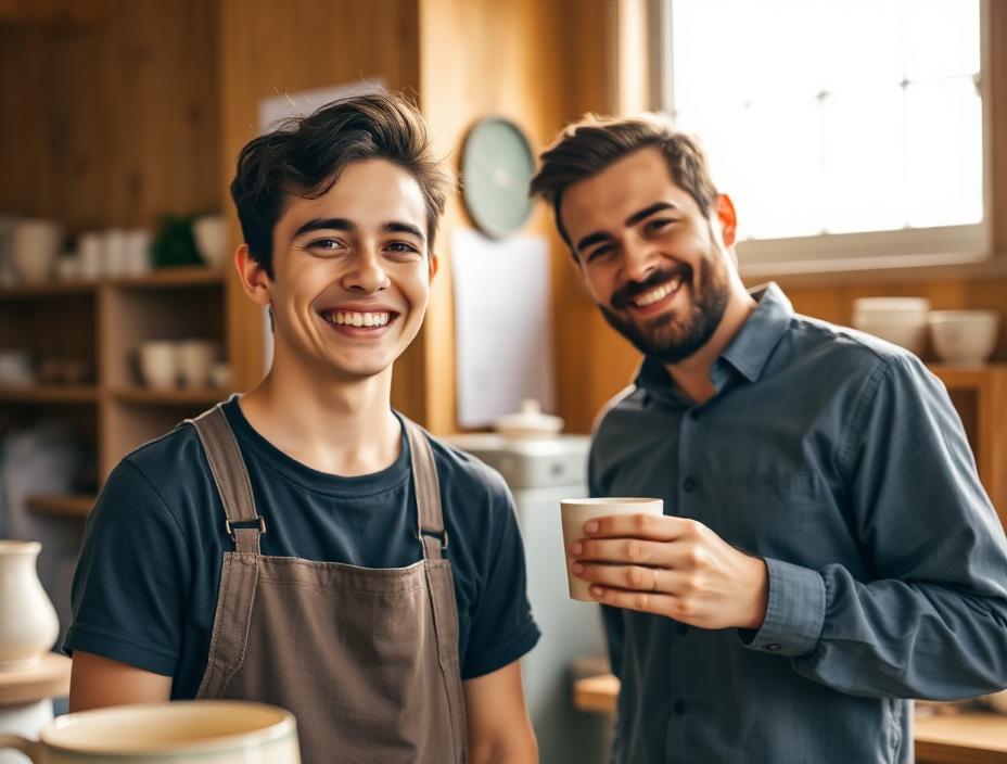 Jin and partner with paperwork and coffee